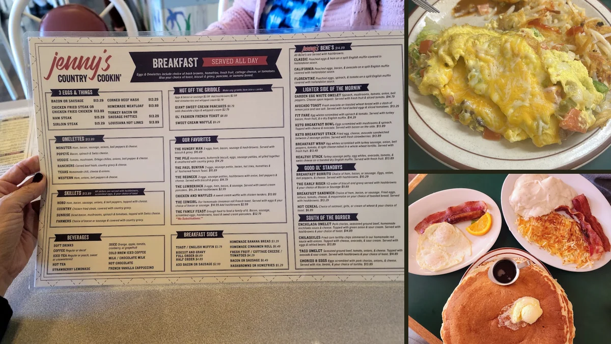 Plates of hearty breakfast food on a table.